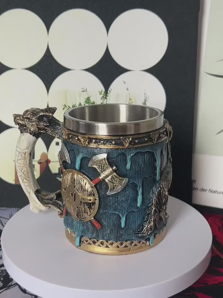 Handmade Medieval Wolf Head Battle Axe Viking Mug